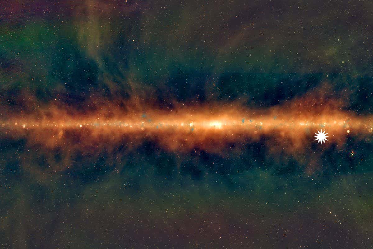 This image shows a new view of the Milky Way from the Murchison Widefield Array, with the lowest frequencies in red, middle frequencies in green, and the highest frequencies in blue. The star icon shows the position of the mysterious repeating transient