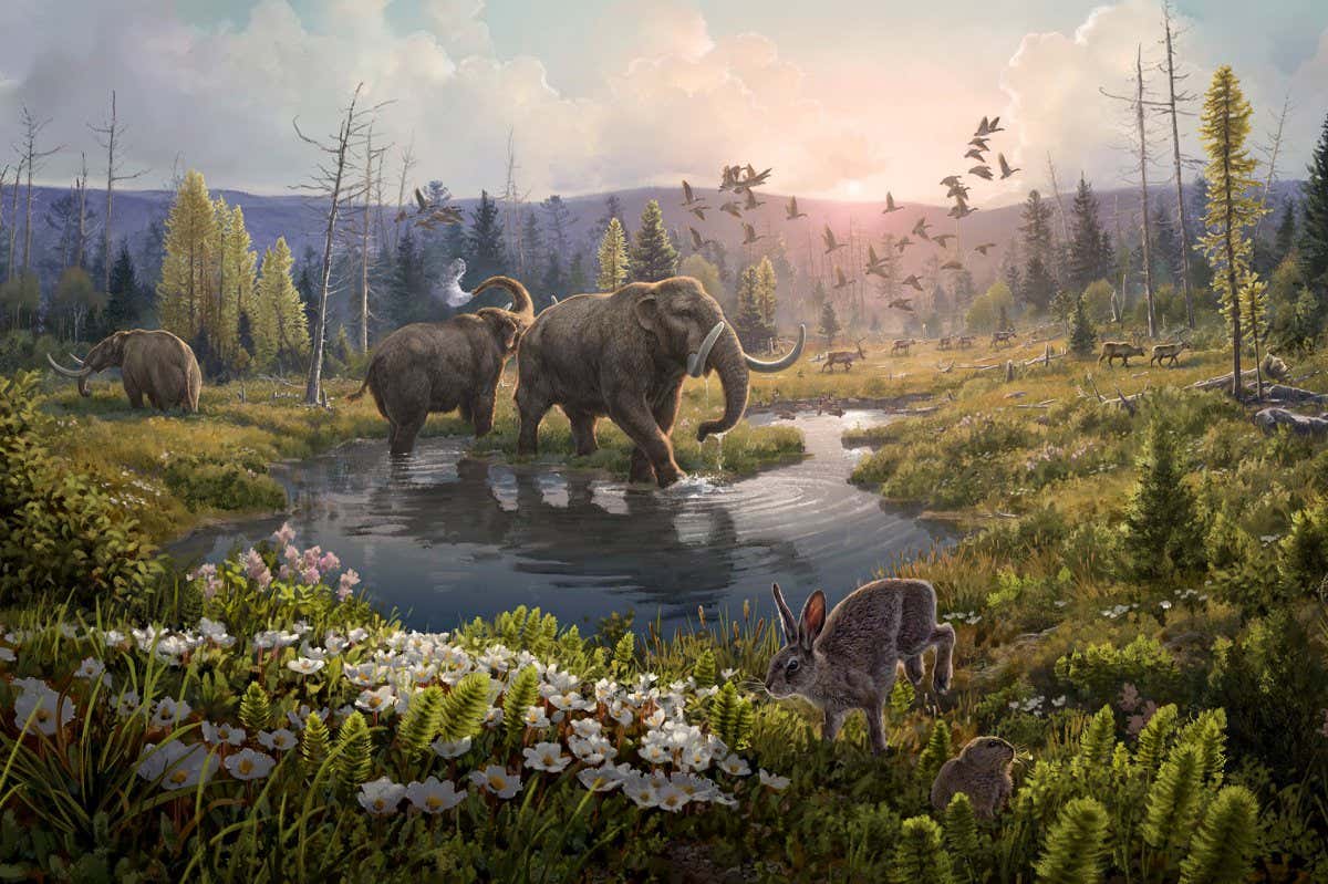 Mastodons, hares, geese and reindeer in a forest