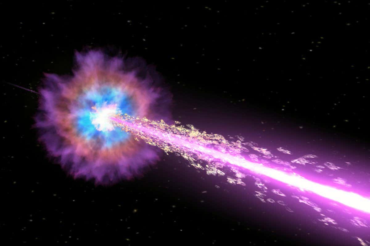 An illustration of GRB 221009. A black hole drives powerful jets of particles traveling near the speed of light. The jets pierce through the star, emitting X-rays and gamma rays as they stream into space