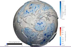 Reconstruction of Earth's surface 90 million years ago, showing North America, Europe and Africa fragmented