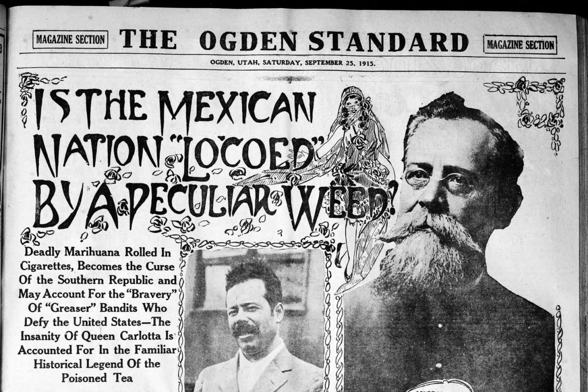 A newspaper article from 1915 asks whether Mexico is "locoed by a peculiar weed", referring to marijuana