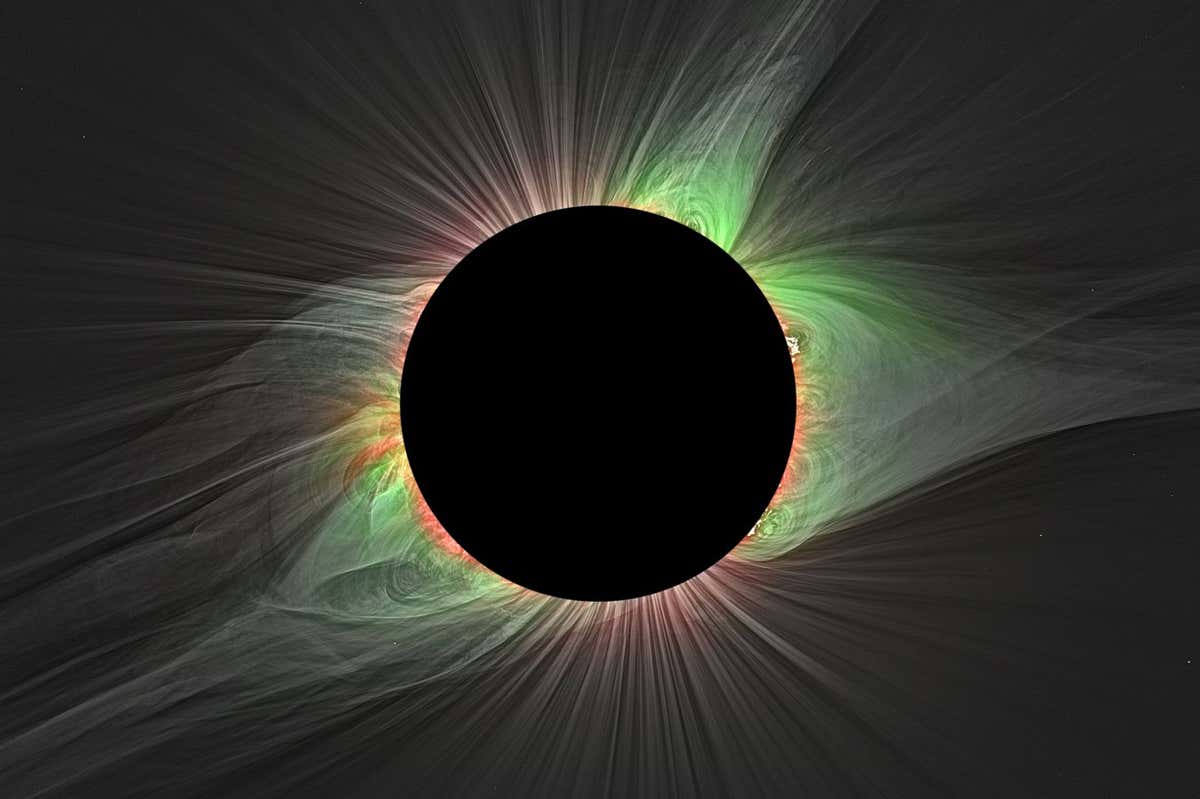 This image of the solar corona is a color overlay of the emission from highly ionized iron lines, with white light images added below. Different colors provide unique information about the temperature and composition of solar material in the corona. Credits: S. Habbal/M. Druckm?ller/Nasa https://www.nasa.gov/sites/default/files/thumbnails/image/fe_xi_fe_xiv_wl-hr_mitchell_achf.png